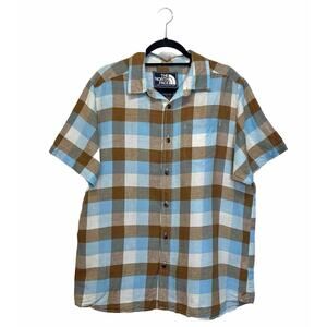 The North Face Mens Large Blue Plaid Linen Cotton Short Sleeve‎ Button Up Shirt
